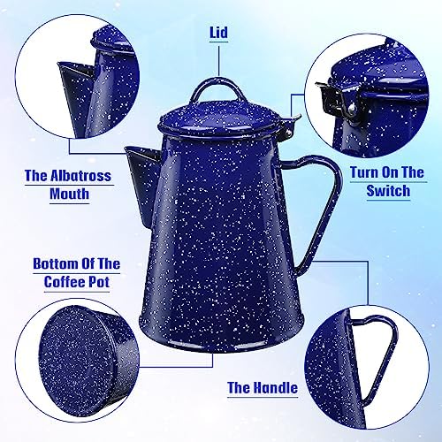 Dandat 60 oz Enamel Coffee Pot Set with 6 Pcs 12oz Mug, Blue Campfire