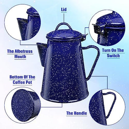 Dandat 60 oz Enamel Coffee Pot Set with 6 Pcs 12oz Mug, Blue Campfire
