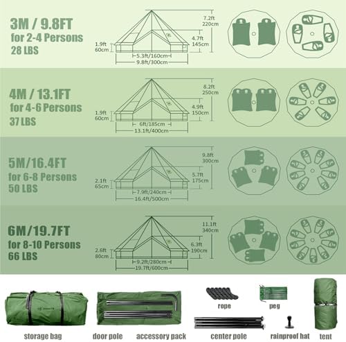 Canvas Bell Yurt Tent with Stove Jack, Waterproof Luxury 4 Season Tents for Family Outdoor Camping 100% Cotton Green Glamping Tents for Hunting, Partie, All Year Living