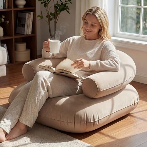 Novabright 2 Pcs Inflatable Chairs for Adults Blow Up Games Chairs Folding Portable Flocking Inflatable Sofa for Living Room Learning Camping Party (Khaki)