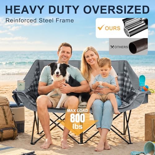 Double Camping Chair 2 Person Loveseat, 800LBS Heavy Duty Chair, Plaid