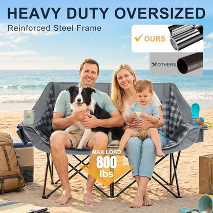Double Camping Chair 2 Person Loveseat, 800LBS Heavy Duty Chair, Plaid