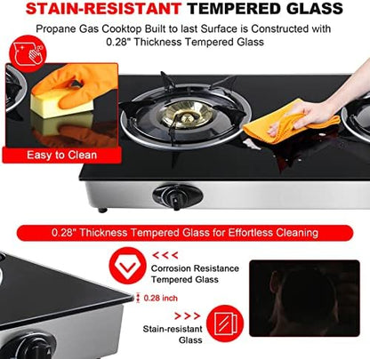 forimo Propane Gas Cooktop 2 Burners Gas Stove portable Tempered Glass Double Burners Stove Auto Ignition Camping Double Burner LPG for RV,Apartments,Outdoor