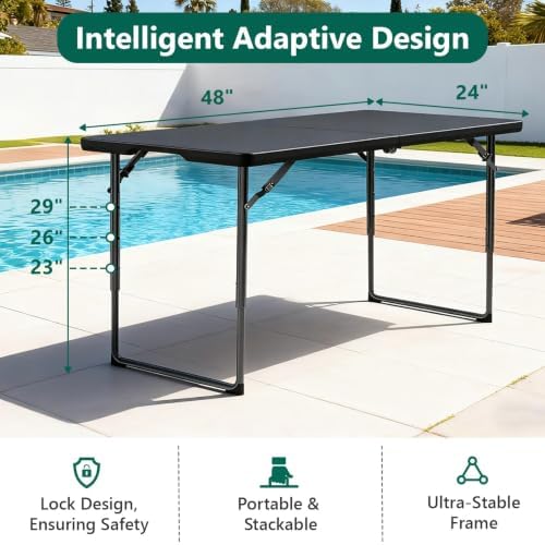 Folding Table 6 Pack, 4FT Folding Table with Adjustable Height, Black