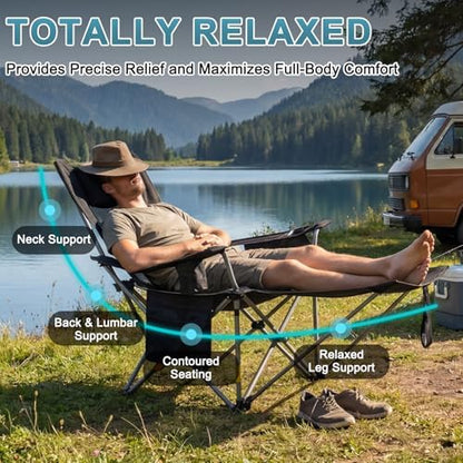 Romswi 2Pack 4-Position Reclining Camping Chair with Removable Footrest, 2-in-1 Adjustable Portable Lounge Chair with Cooler Bag, Cup Holder, Side Pockets & Carry Bag for Outdoor, Mesh Black