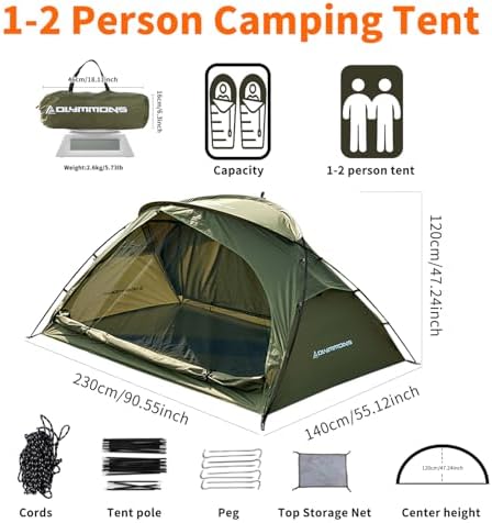 Camping Tent 1 to 2 Person, Backpacking Tent Waterproof & Windproof, Ultralight Instant Tent for Camping, Hiking, Outdoor,Lightweight for Adults Kids Scouts Easy Setup
