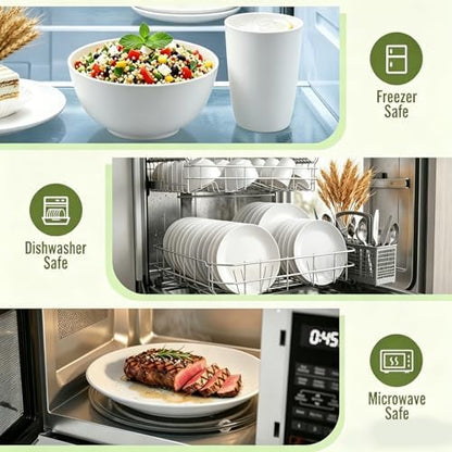 40 PCS Wheat Straw Dinnerware Sets, Service for 8 - Dinner Plates, Cereal Bowls, Drinking Glasses, Unbreakable Plastic Plates and Bowls Sets, Dishwasher and Microwave Safe for Kitchen - White