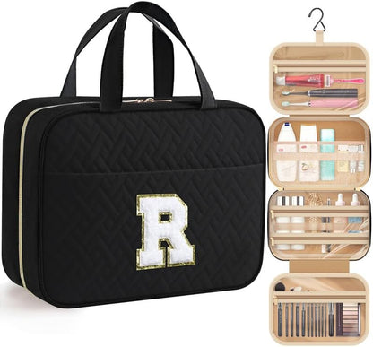 HOTOR Travel Toiletry Bag - Personalized Chenille Initial Makeup Bag, Water-Resistant Personalized Gifts for Women, Portable Travel Accessories & Essentials, Letter R, Black, 11.4"×9.0"×3.35"
