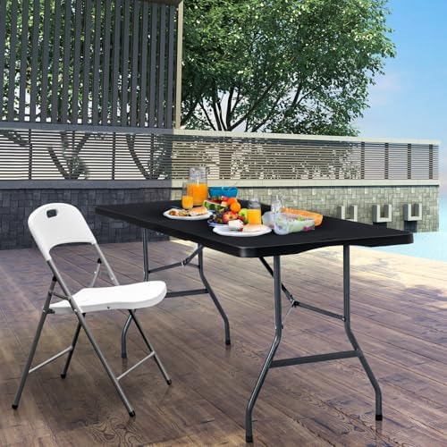 Folding Table 6ft, Heavy Duty Plastic Fold-in-Half Utility Table, Black