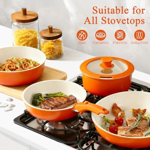 GIPP 11pcs Pots and Pans Set Non Stick, Nonstick Cookware Set Detachable Handle, Ceramic Pots for Cooking Non Stick with Removable Handle, RV Cookware Set for All Stoves, Orange Gradient