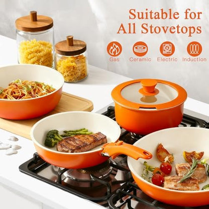 GIPP 11pcs Pots and Pans Set Non Stick, Nonstick Cookware Set Detachable Handle, Ceramic Pots for Cooking Non Stick with Removable Handle, RV Cookware Set for All Stoves, Orange Gradient