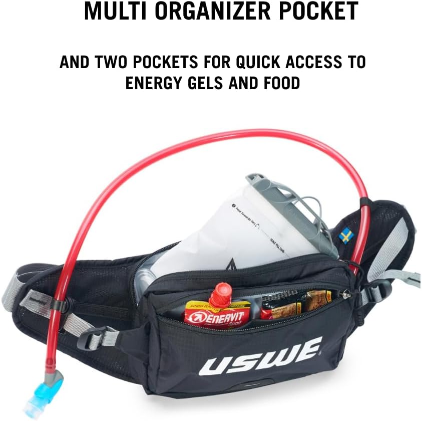 USWE Zulo Hydration Hip Pack - with Organizer and Side Pockets, Bounce Free Hip Belt (2L, Black)
