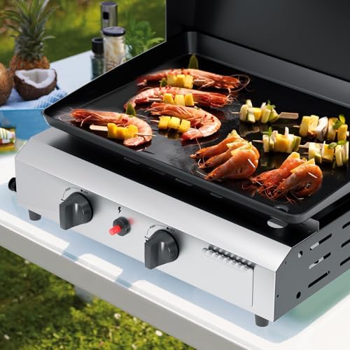 17.3'' Gas Griddle Flat Top Grill with Lid, 2-Burner Tabletop Portable Propane Griddle for Outdoor Cooking, BBQ, Camping & Tailgating Barbecue, 30,000BTU Output