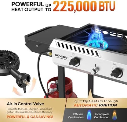ROVSUN 3 Burner Propane Stove with Auto Ignition, 225,000 BTU Gas Stove with Side Shelves, Rolling Wheels & Regulator for Home Outdoor Backyard Camping Cooking Frying Brewing Canning