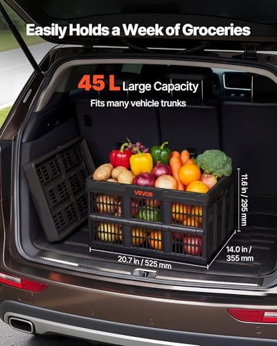 VEVOR Plastic Collapsible Storage Bins, 45L 3 Packs, Stackable Folding Storage Crates with Handles, Holds 33 lbs Per Bin, Foldable Heavy Duty Containers, Space-Saving Baskets, for Home Organizing