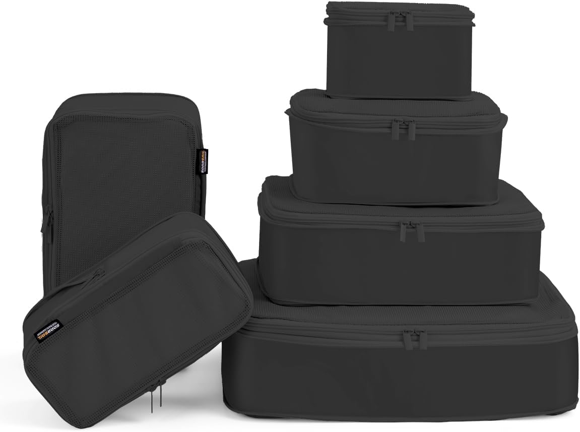 6 Set Compression Packing Cubes for Travel, Large Medium Small Luggage Organizers, Storage Bags for Clothes (6 Pack, Pure Black)