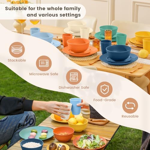 Homienly Unbreakable Wheat Straw Dinnerware Set - Plastic Plates and Bowls Sets Alternative, 24-Piece Dishes Set for Apartment, RV, Party, Microwave and Dishwasher Safe Plates, Bowls, Cups(Multi)