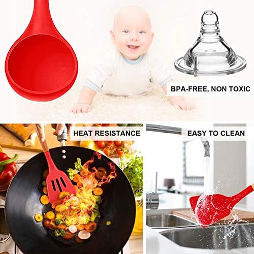 MIBOTE Silicone Cooking Kitchen Utensils Set, Wooden Handle, Red