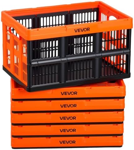 VEVOR Plastic Collapsible Storage Bins, 45L 6 Packs, Stackable Folding Storage Crates with Handles, Holds 33 lbs Per Bin, Foldable Heavy Duty Containers, Space-Saving Baskets, for Home Organizing