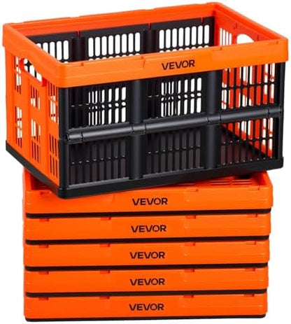 VEVOR Plastic Collapsible Storage Bins, 45L 6 Packs, Stackable Folding Storage Crates with Handles, Holds 33 lbs Per Bin, Foldable Heavy Duty Containers, Space-Saving Baskets, for Home Organizing