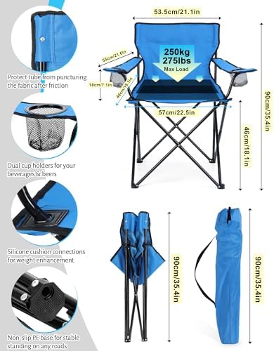 HaSteeL 2PCS Camping Chairs with Detachable Umbrella, Folding Beach Chair for Adults, Large Portable Foldable Chair for Outdoors Fishing Hiking Travel Picnic Lawn, Supports 275lbs, Storage Bags, Blue