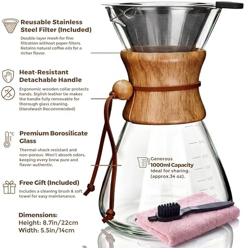 AGOGO Pour Over Coffee Maker Set, 34oz Slim Style, 304 Stainless Filter