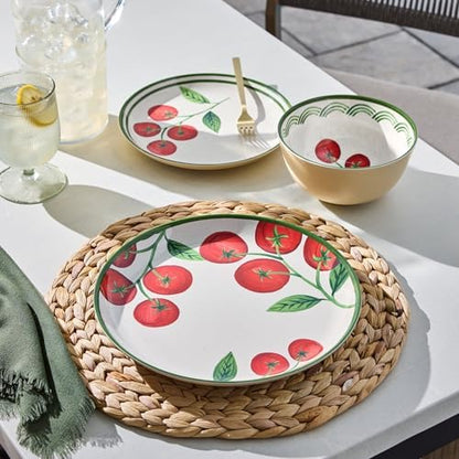 12-Piece Tomato Beige Bamboo Melamine Dinnerware Set, Reusable Dishwasher Safe Plates & Bowls Combo, Lightweight Sturdy Indoor Outdoor Tableware Service For 4 People
