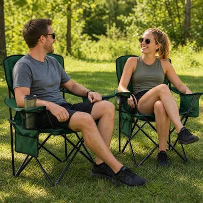 2-Pack Heavy Duty Camping Chairs, 400 LBS Capacity Folding Outdoor Chair with Cooler Bag & Cup Holder, Oversized Portable Lawn Chair for Camping, Fishing, Tailgating, Beach (Green)