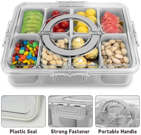 Divided Serving Tray with Lid and Handle,8 Compartments Snacks Box,Snack Fruit and Veggie Tray,Portable Platter for Candy Fruits Nuts Snack Party Entertaining Picnic (2 PCS Grey)