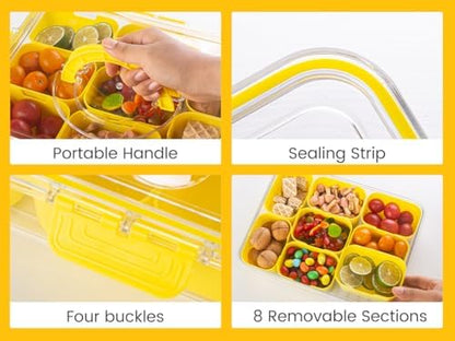 Dingerjar Divided Serving Tray with Lid and Handle - Snackle Box Charcuterie Container for Portable Snack Platters Organizer for Candy, Fruits, Nuts, Snacks - Perfect for Party, Entertaining, Yellow