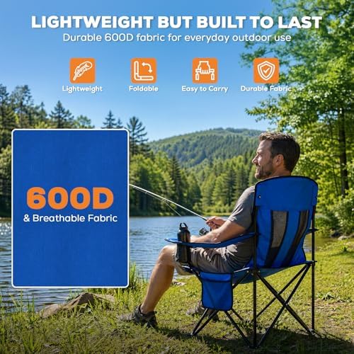 2-Pack Lightweight Heavy Duty Camping Chairs, Up to 400lbs Capacity Folding Chair with Cooler Bag & Cup Holder, Oversized Portable Lawn Chair for Outdoor, Fishing, Tailgating, Beach (Blue)