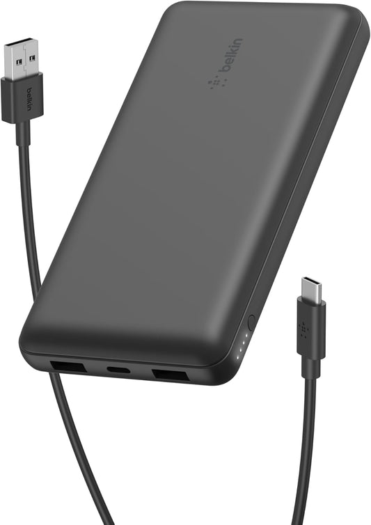 Belkin Portable Charger, USB-C Power Bank 20000 mAh w/ 2 USB-A Ports, 15W w/ Type-A to Type-C Cable for iPhone 16, 16 Plus, 16 Pro, 16 Pro Max, Samsung Galaxy S2, Google Pixel 10, etc. - Black