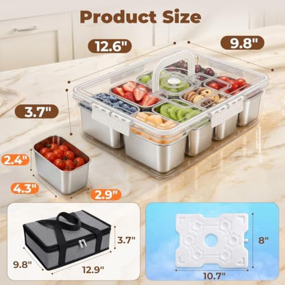 Homelove Snackle Box Container with Ice-Pack, Snack Container Divided Serving Tray with 8-Compartment Snack Platter, Lid and Handle, Food Organizer for Outdoor Travel Party Beach Picnic