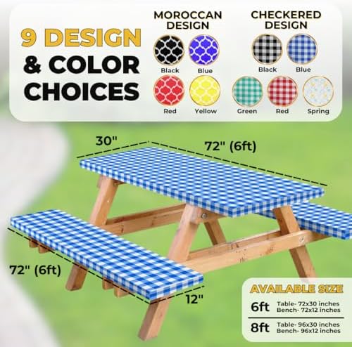 Vinyl Fitted Picnic Table Cover with Bench Covers & Blue 6ft Blue Checkered