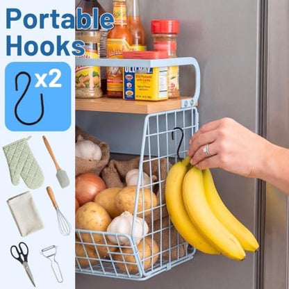 Magnetic Shelf for Fridge with Wood Lid, Fruit Potato and Onion Storage Bins, Pantry Organizers & Storage, Large Container Magnetic Spice Rack for Refrigerator, Kitchen Counter, Cabinet (Blue, 2)