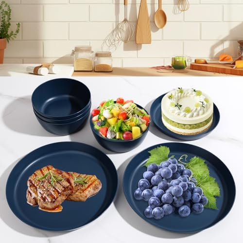 EjonirInjonir 12pcs Unbreakable Blue Dishes Set for Camping, Wheat Straw