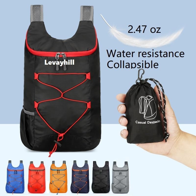 16L Hiking Daypack Lightweight Foldable Travel Backpack Water Repellent Camping Outdoor Packable Easy Carry-on Bag (Black+Red)