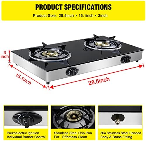 forimo Propane Gas Cooktop 2 Burners Gas Stove portable Tempered Glass Double Burners Stove Auto Ignition Camping Double Burner LPG for RV,Apartments,Outdoor