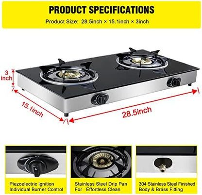 forimo Propane Gas Cooktop 2 Burners Gas Stove portable Tempered Glass Double Burners Stove Auto Ignition Camping Double Burner LPG for RV,Apartments,Outdoor