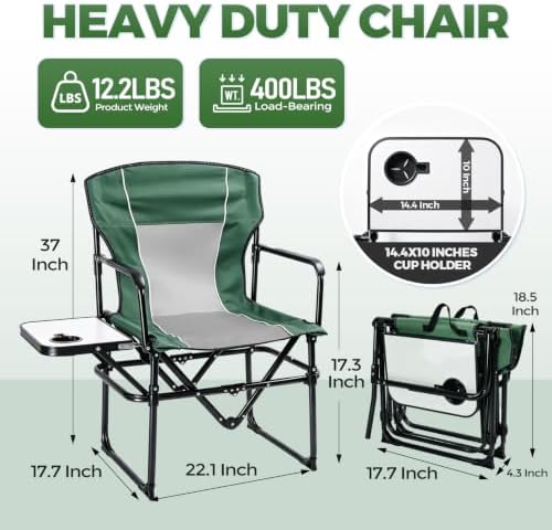 2 Pack Camping Chairs with Side Table & Cup Holder 400 lbs