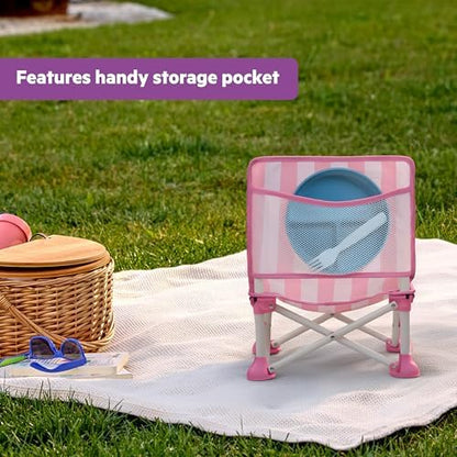 Bright Starts Pop 'N Sit Cabana Baby Beach Portable Booster Chair with UPF Canopy, Floor Seat for Indoor/Outdoor Use, Compact Fold, Pink, 6 Months–3 Years