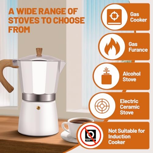 6 Cup Aluminum Espresso Stovetop Moka Pot Express Coffee Maker Percolator Italian Classic Mocha Coffee Machine for Italian and Cuban Cafe Brewing for Home & Camping 300ml 10oz