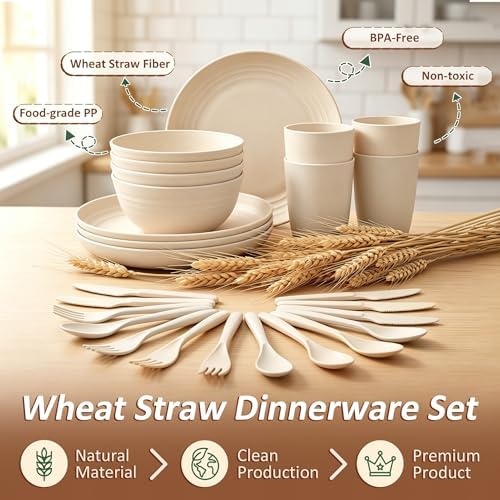 Kids Dinnerware Sets, Unbreakable Bowls and Plates Set for 4(Beige)
