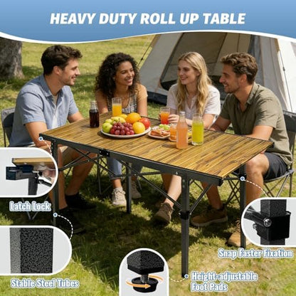 29.9" Tall Folding Camping Table for 2-6 Person, 54.7" Large Aluminum Foldable Roll-up Table Outdoor with Carry Bag for Picnic, Camp, Sturdy, Backyard, Patio