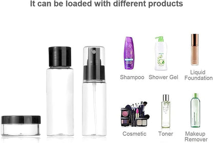 Vitog Travel Bottles Kit, TSA Approved Leak Proof Portable Toiletry Containers Set, Clear flight size PET Cosmetic Containers for Lotion, Shampoo, Cream, Soap, Set of 11 (Black+Plastic)