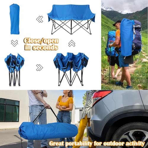 HaSteeL Folding Camping Chair, Portable Double Outdoor Loveseat for 2 Adults Person, Durable Foldable Collapsible Chairs for Camp Patio Picnic Beach Travel, Support 600Lbs, for Women & Men, Blue