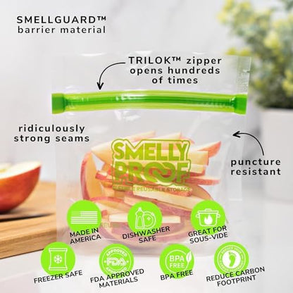Smelly Proof 50 x Expandable Stand-Up & Fill REUSABLE Food Storage Bags, US Made, NO PEVA & BPA FREE, Reusable Freezer Bags, Dishwasher-Safe, Clear 3 mils STAND & FILL 4" x 3" - 50pk