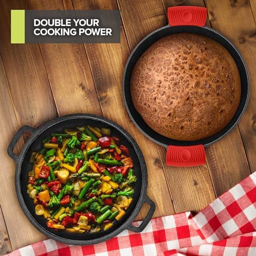 Modern Innovations 3-in-1 Dutch Oven & Skillet Combo, Preseasoned Cast Iron Cookware Set, 5QT Dutch Oven, 1.6QT Skillet with Lid, Versatile Pots and Pans for Camping & Home Cooking