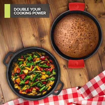 Modern Innovations 3-in-1 Dutch Oven & Skillet Combo, Preseasoned Cast Iron Cookware Set, 5QT Dutch Oven, 1.6QT Skillet with Lid, Versatile Pots and Pans for Camping & Home Cooking