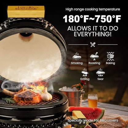 London Sunshine 13-Inch Ceramic Kamado Grill, Waterproof Vent Cap, Black